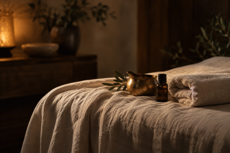 Warm ivory linen, fresh towel, amber oil and brass vessel in the PuraTouch setting