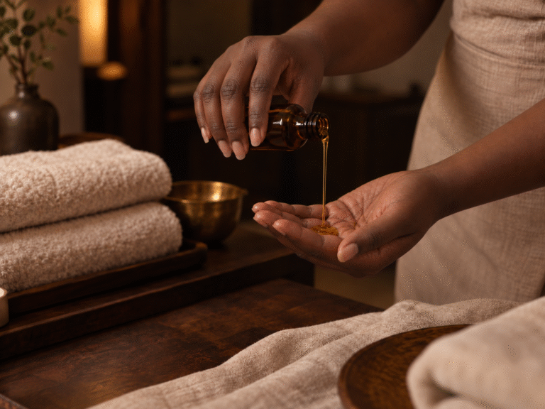 Oya's hands preparing massage oil beside fresh towels in a warm private setting