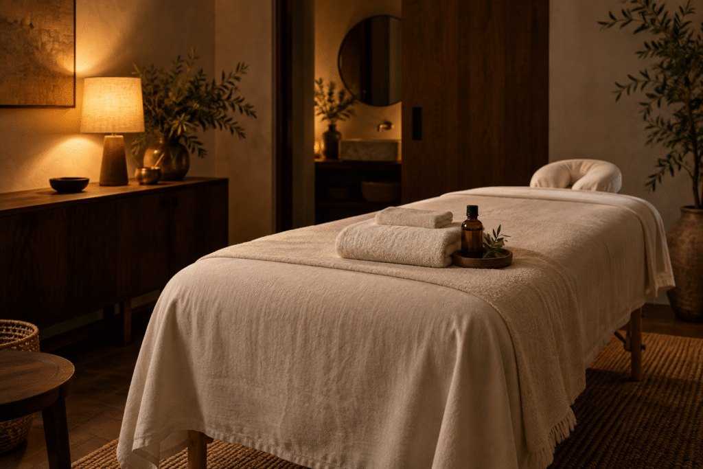 Warm private PuraTouch treatment space prepared with fresh towels and massage oil